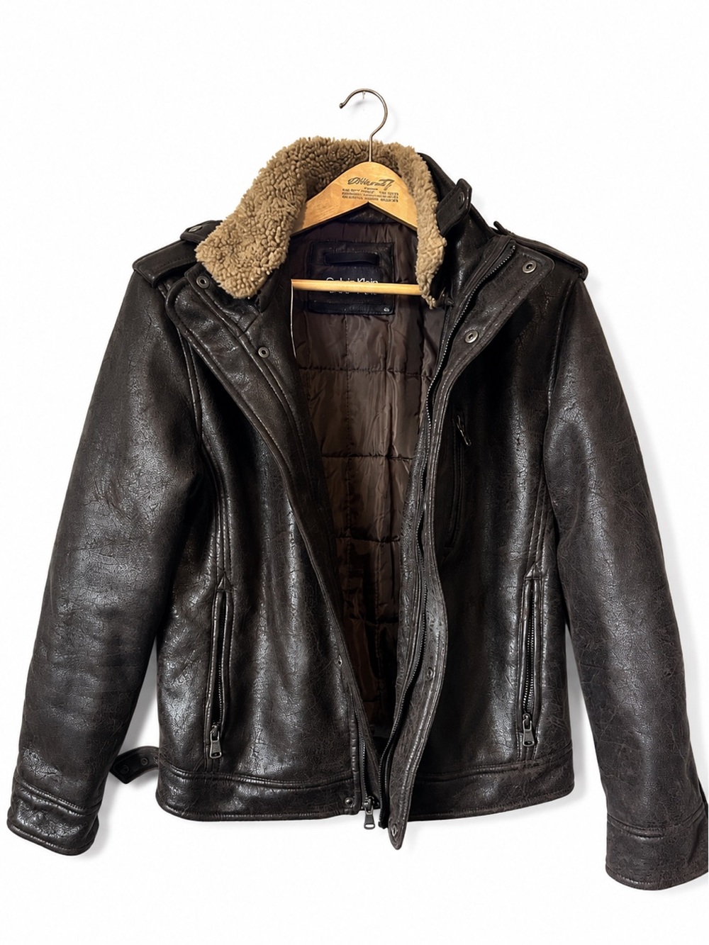 Calvin‎ Klein Vegan Leather Jacket Medium Outdoor Winter Classic Sherpa Collar